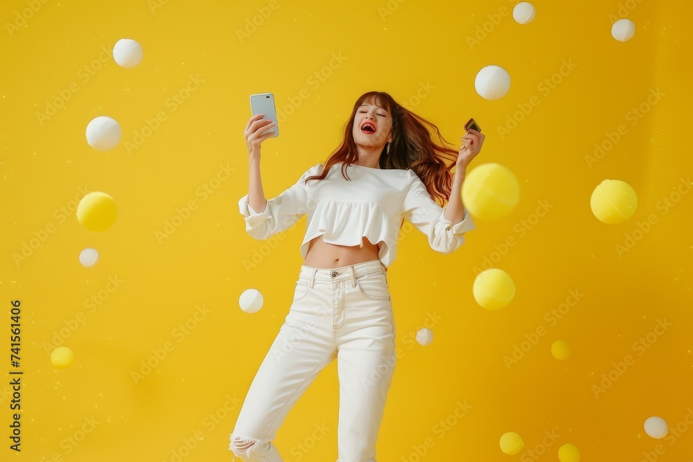 Fototapeta premium happy asiatic young woman with smartphone in yellow background with copy space
