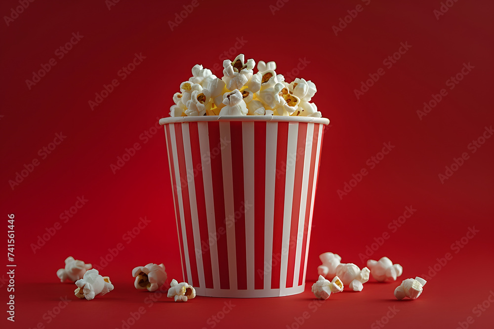 A red and white cardboard box overflowing with popcorn, a classic movie snack