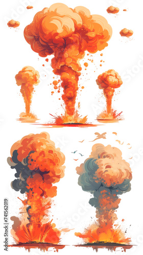 Stylized Illustration of Various Stages of Explosions in Vivid Oranges and Reds