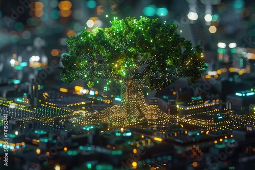 bright green trees It is on a circuit board with binary. and glows beautifully Concepts of technology and nature, harmony, support, environmental conservation.