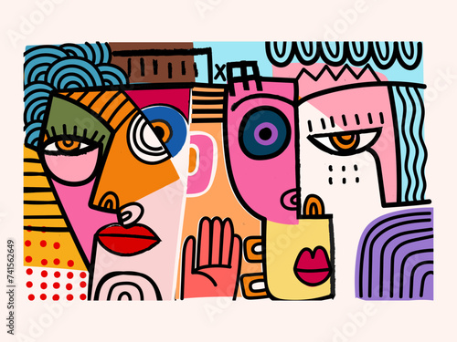 Abstract face portrait person geometric, doodle, line art hand drawn vector illustration. Aesthetic design for art print, wall art, banner, cover, poster and decoration.