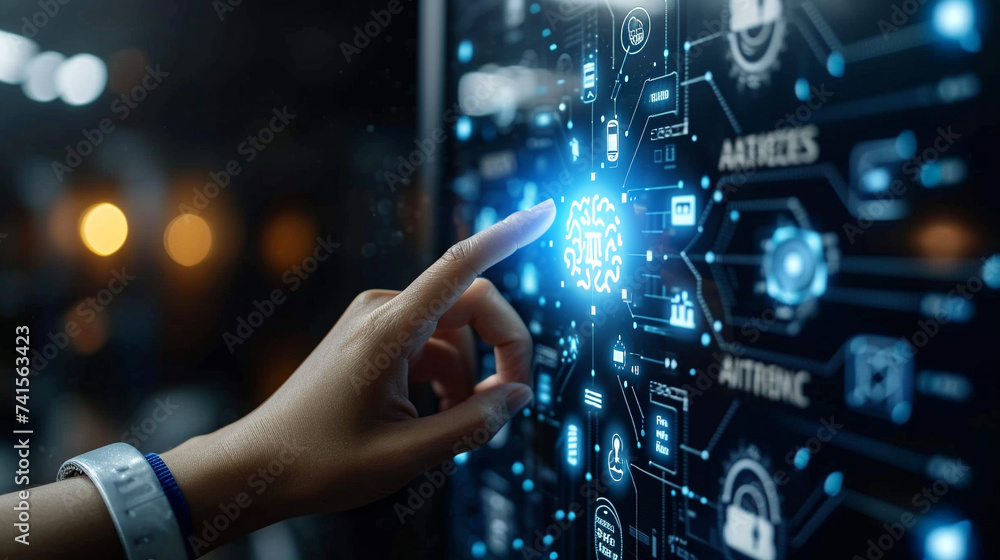 Hand touching a screen, artificial intelligence technology. Hand touching a screen, artificial intelligence technology.