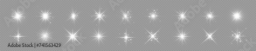 Stars bright white. Glow light effect. Transparent light effect sparkl, lens flare, explosion, glitter, sun flash, sparks and stars. Sunlight, abstract special effect.	
