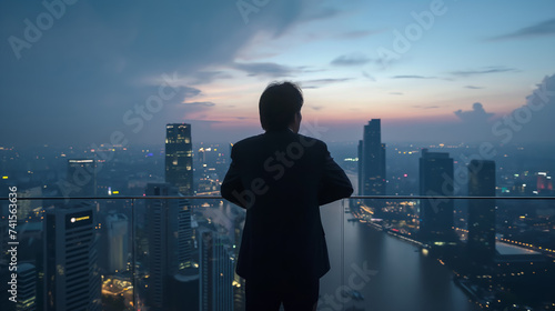 Businessman Overlooking Cityscape at Dusk