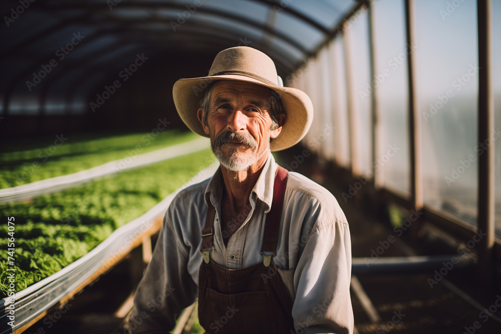Elderly Farmer with a Serious Expression Standing in a Greenhouse, Organic Farming Expertise