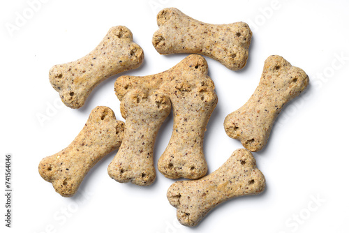 Top view of group of crunchy bone shaped dog biscuit set isolated on white background