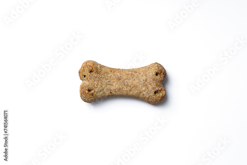 Top view of crunchy bone shaped dog biscuit set isolated on white background close up