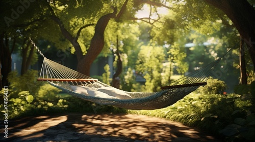 A hammock swaying gently in the breeze beneath the shade of a leafy tree, inviting relaxation on a lazy summer afternoon © SHAPTOS