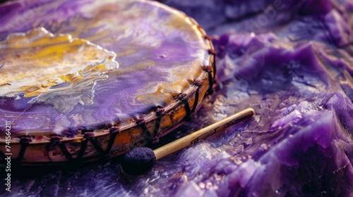 Shaman drum with beater  drumstick. Purple  orange colors opening  leading  melting to another dimension. New galaxy  reality mirroring ancestral tradition  connection to nature.