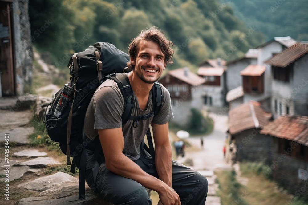 Handsome young man with backpack hiking in the mountains. Travel and adventure concept. Handsome young man with backpack hiking in the mountains. Travel and adventure concept.