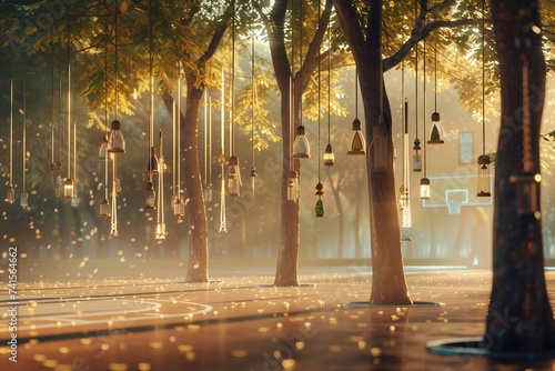 basketball stadium with Easter-inspired wind chimes hanging from nearby trees. The image captures the early morning light filtering through the leaves, highlighting the stadium's pristine condition photo