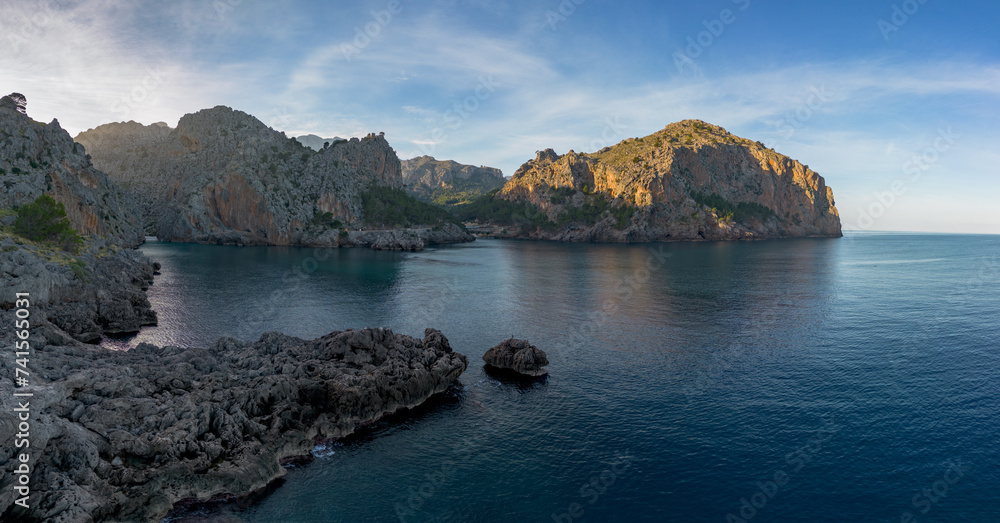 panorama landscape view of the rugged and mountainous coastline at Sa Calobra in northern Mallorca panorama landscape view of the rugged and mountainous coastline at Sa Calobra in northern Mallorca