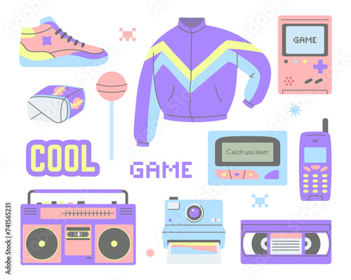 Set of 90s elements isolated on a white background. Collection of flat vector icons, gadgets, accessories, clothes and more.