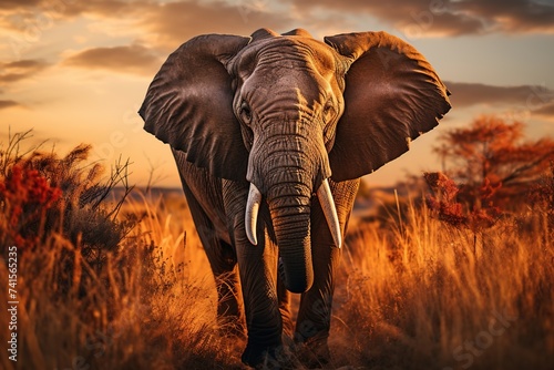 In a scene of tranquil beauty, an elephant moves gracefully through its natural habitat, silhouetted against the vibrant colors of the sunset