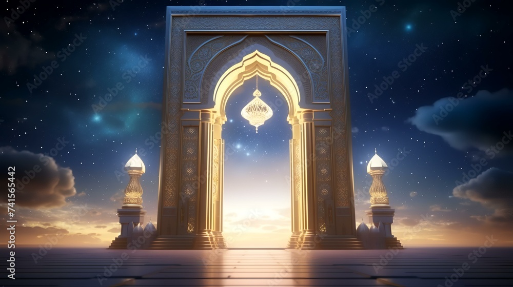 Ramadan Kareem's background with mosque door. 3D rendering.