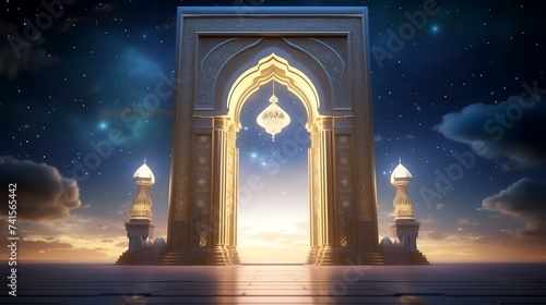 Ramadan Kareem's background with mosque door. 3D rendering.