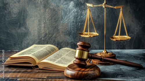 Symbolize the principles of justice and legal authority with an image featuring a gavel, scales of justice, and a law book arranged on a table. Generative AI technology