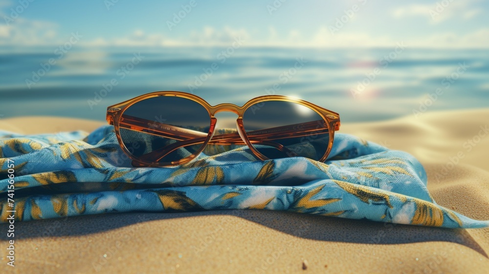 A pair of sunglasses resting on a colorful beach towel, with the shimmering ocean and cloudless sky reflected in the lenses