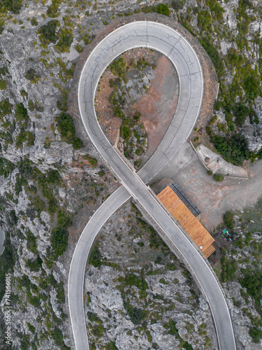 aerial view of the Nus de Sa Corbata hairpin turn in the Serra Tramuntan of Mallorca near Coll de Reis mountain pass