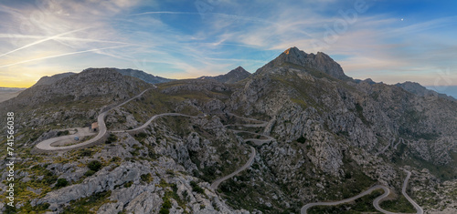 view of the famous snake road leading from the Coll de Reis mountain pass to Sa Calobra in the rugged landscape of northern Mallorca