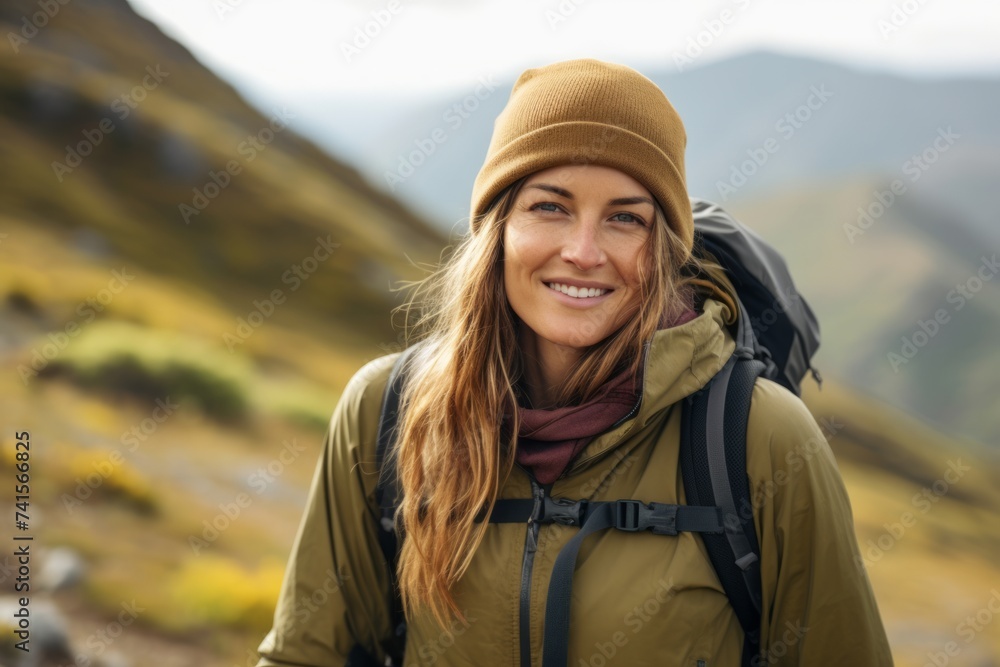 Portrait of smiling hiker woman with backpack looking at camera in mountains Portrait of smiling hiker woman with backpack looking at camera in mountains