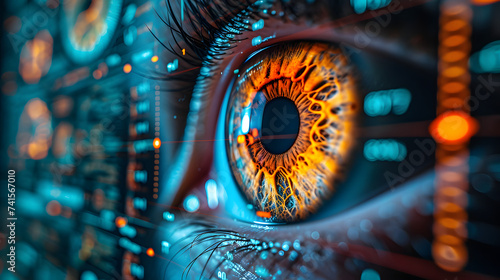 Close-up of a human eye undergoing an ophthalmologic examination. Vision health and eye care concept. Design for medical brochure, poster. Macro photography with detailed iris texture