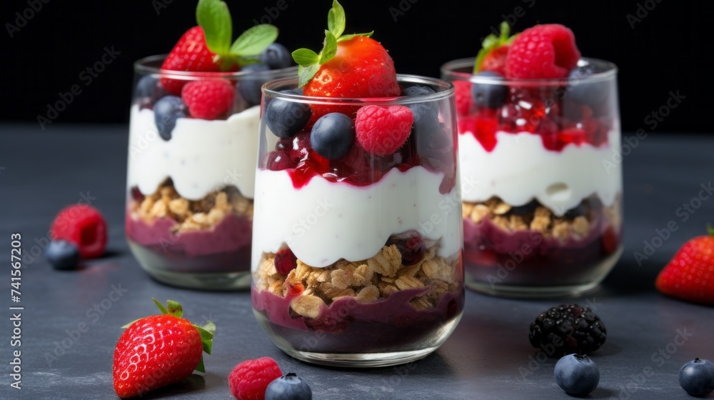 Close-up of three yogurt parfaits, fresh strawberries, raspberries, blueberries, blackberries, nuts and muesli in clear glasses on a gray kitchen table. Desserts with berries, Confectionery concepts. Close-up of three yogurt parfaits, fresh strawberries, raspberries, blueberries, blackberries, nuts and muesli in clear glasses on a gray kitchen table. Desserts with berries, Confectionery concepts.