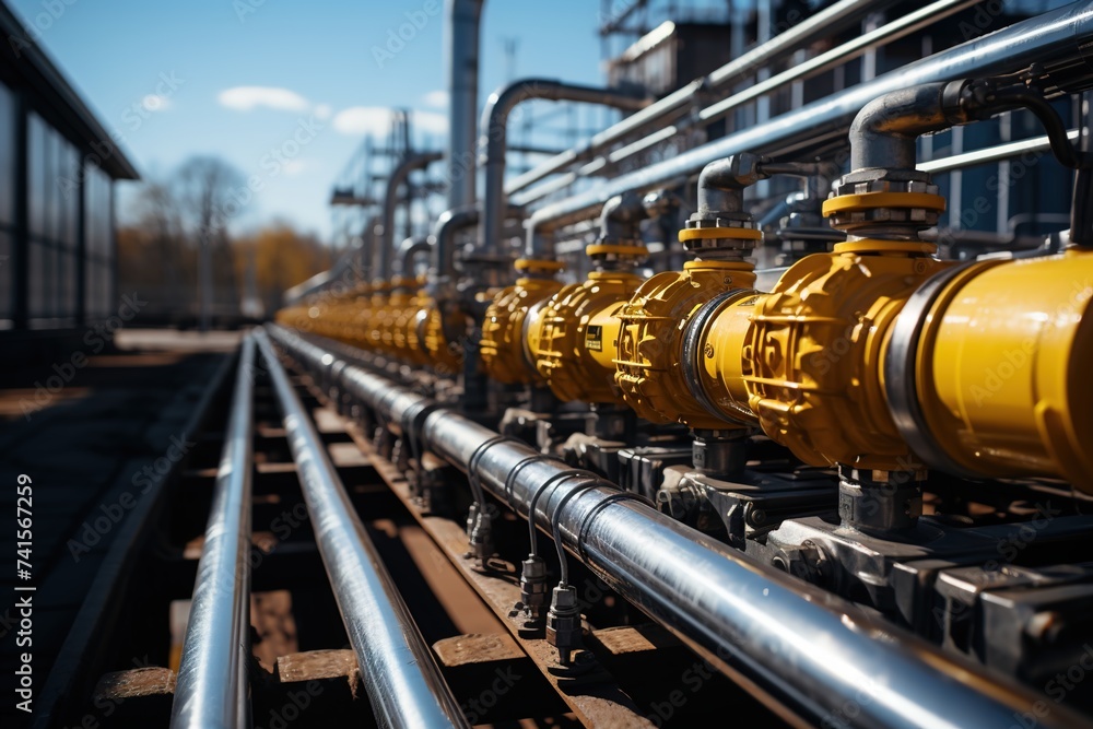 Vivid yellow pipelines and valves adorn the exterior of a factory, highlighting the critical role of infrastructure in supporting industrial activities Vivid yellow pipelines and valves adorn the exterior of a factory, highlighting the critical role of infrastructure in supporting industrial activities