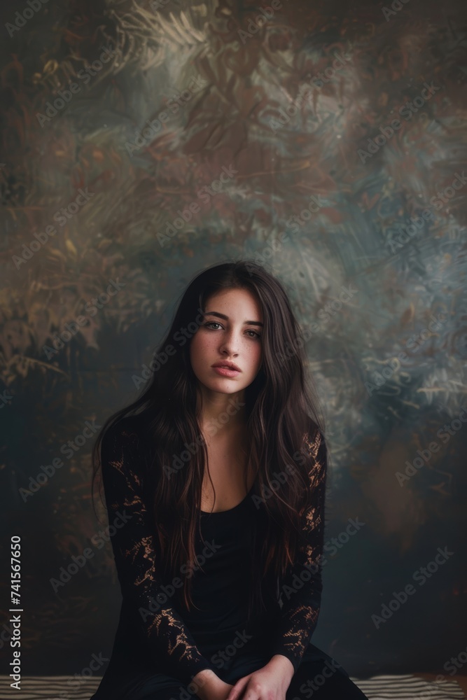 Fototapeta premium Woman Sitting on Bed in Front of Painting. Generative AI