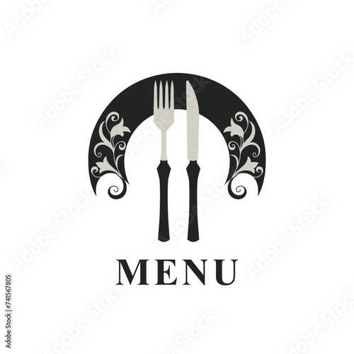 Menu Logo Template. Knife, fork and dish. Elegant Drawn Emblem. Floral Ornament. Creative Monogram with Inscription. Brochure cooking Design for Cafe, Restaurant, Bar. Vector illustration