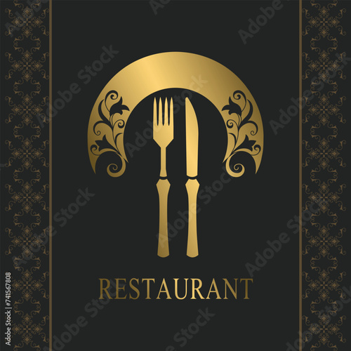 Restaurant Logo Template. Golden Knife, fork and dish. Elegant Drawn Emblem. Floral Ornament. Creative Monogram with Inscription. Brochure cooking Design for Cafe, Restaurant, Bar. Vector illustration