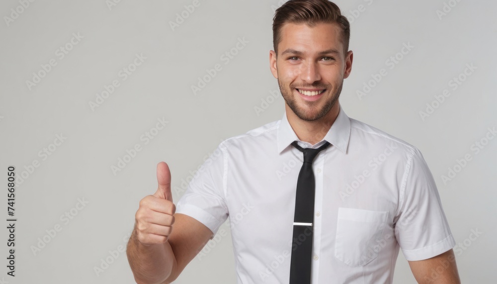 A happy man in a shirt and tie, smiling and giving a thumbs up as a sign of success or agreement. A happy man in a shirt and tie, smiling and giving a thumbs up as a sign of success or agreement.