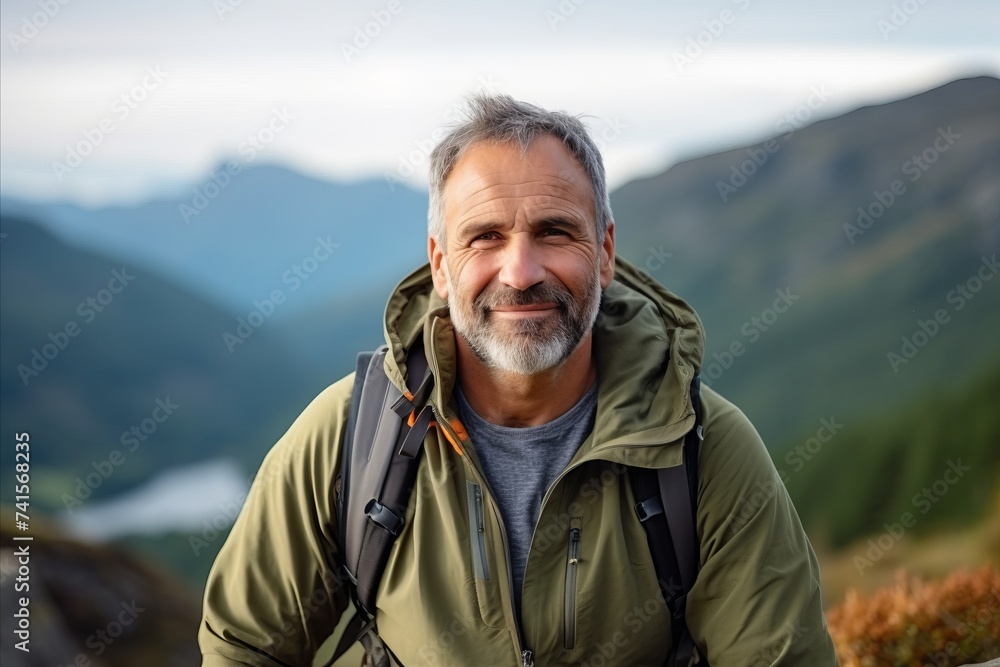 Portrait of a senior man with a backpack in the mountains. Portrait of a senior man with a backpack in the mountains.