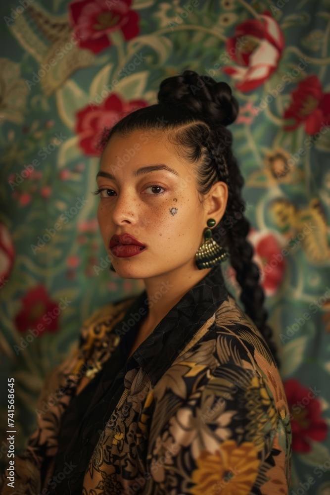 Woman With Braids and Flower Wallpaper. Generative AI Woman With Braids and Flower Wallpaper. Generative AI