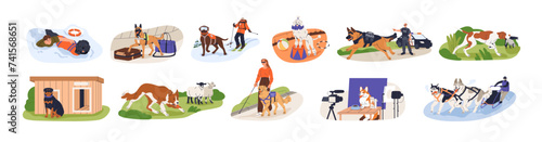 Assistance and working dogs set. Rescue, guide, guard, farm and safety canine animals at service. Trained brave shepherds, sheepdogs assistants. Flat vector illustrations isolated on white background
