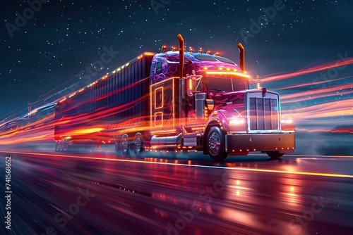 An artistic representation of a modern semi-truck in motion, its lights streaking through the darkness, symbolizing speed, efficiency, and the future of logistics.