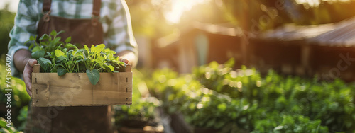 Agriculturist or a farmer holding a wooden box of freshly harvested vegetables and fresh seasonal greens from the garden against a golden sun light. Commercial concept banner with copy space.