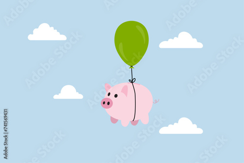 Financial freedom, pink piggy bank floating in a minimalist sky, ready to sail off to freedom.