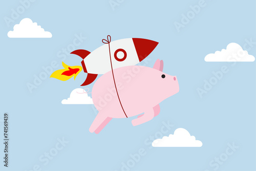 Boost saving and get higher return, pink piggy bank that flies with rocket booster.