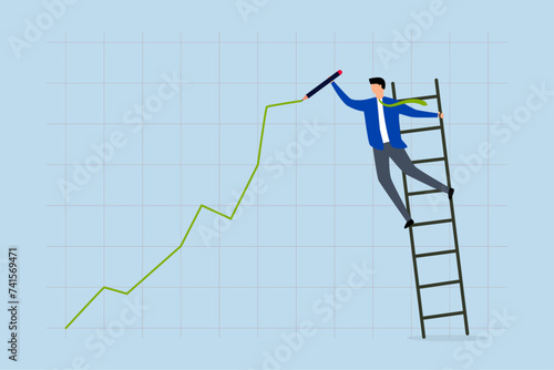 Stock price growth, businessman trader climbing up ladder to draw green rising up investment line graph.