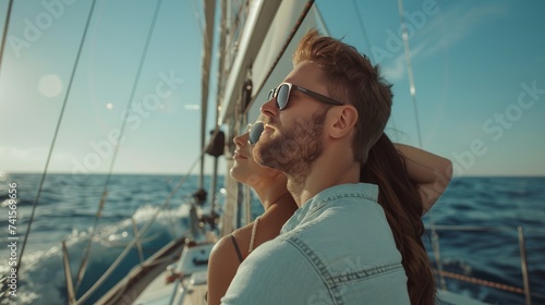 Side view of Caucasian sweet couple wearing sunglasses, sitting on a yacht with woman putting her head on man's shoulder while looking the sea view together during a sailing trip on a clear sky day