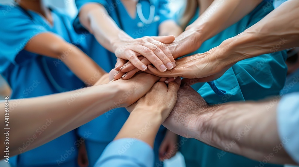 A top-down view of diverse healthcare professionals placing their hands together in a gesture of unity and teamwork. Elevated View Of Doctors Stacking Hands. AI - obrazy, fototapety, plakaty 