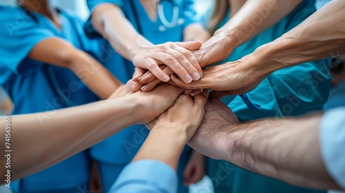 A top-down view of diverse healthcare professionals placing their hands together in a gesture of unity and teamwork. Elevated View Of Doctors Stacking Hands. AI