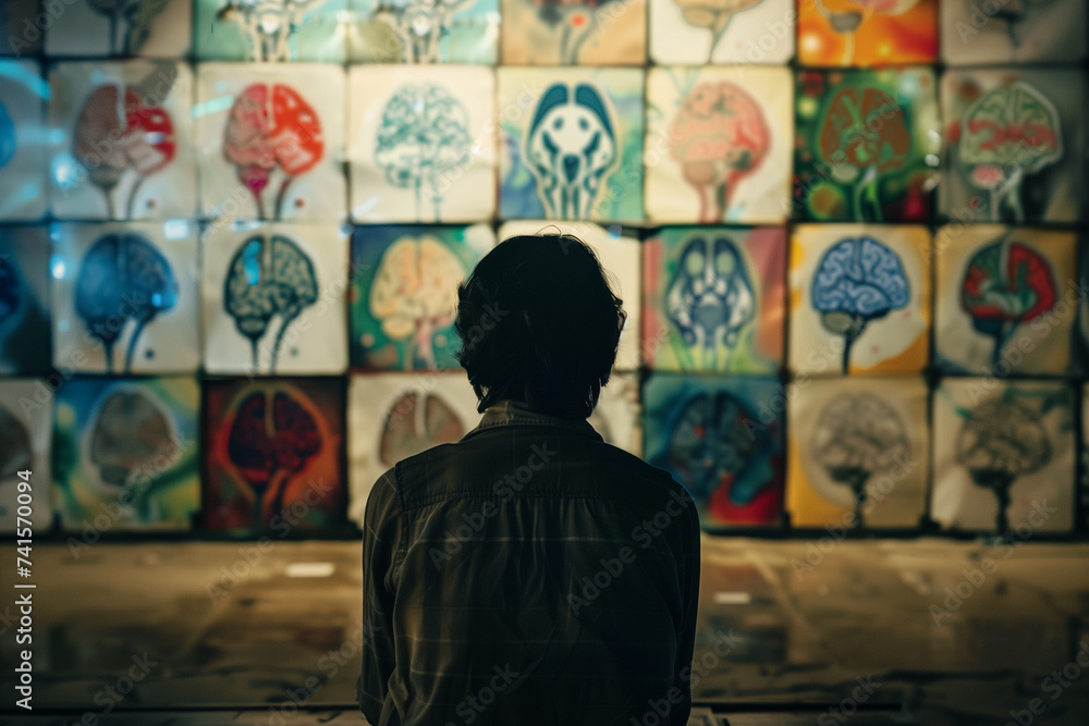 Backc of a man standing in front of images of brain and organs - mental illness concept