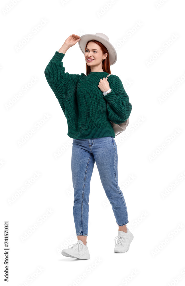 Happy woman in hat with backpack on white background Happy woman in hat with backpack on white background