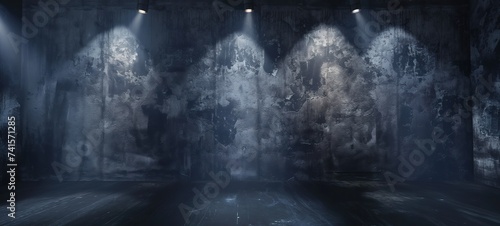llustration of spotlights shine on stage floor in dark room, underground stage style dark room with spotlights and smoke drifting around, stage show backdrop, Generative Ai