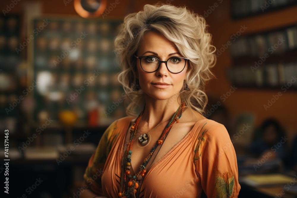 With enthusiasm, a senior woman teacher stands near the whiteboard in the classroom, eager to share her wealth of knowledge and inspire her students to learn