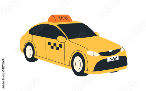 Taxi car. Taxicab, yellow passenger auto transport. Classic cab automobile, city motor vehicle with sign on roof. Urban road service. Flat vector illustration isolated on white background