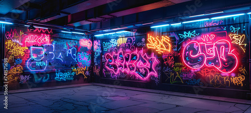 A vibrant display of graffiti art illuminated by neon lights, showcasing a mix of colorful tags and designs, embodying the essence of urban street vibes. photo