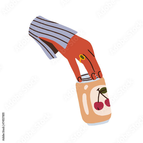 Hand holding canned soda drink. Cold carbonated beverage in tin bottle. Summer cherry juice, cool fresh lemonade, cocktail with fruit flavor. Flat vector illustration isolated on white background